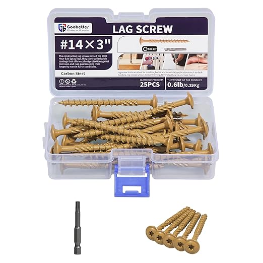 Lag Screws 3 Inch, 25PCS Heavy Duty Construction Screw, Structural Wood Screw #14 x 3, Rust Resistant, Washer Head, Yellow Coated Exterior Wood/Lag Screws, Star Drive with Bit