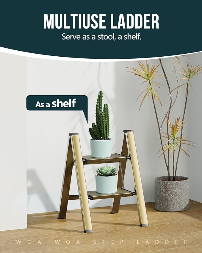 WOA WOA Step Ladder, 2 Step Foldable Step Stool with Widen Pedals, Portable Aluminum Stepladder, Compact Ladder for Space Saving, Home Ladders for Kitchen(300lbs, Gold)