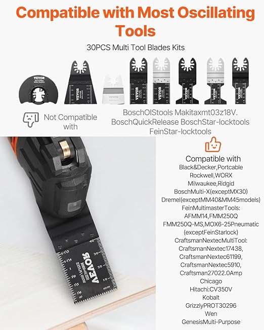 VEVOR 30-Piece Oscillating Saw Blades, Quick Release Multi Tool Blades Kits, 8 Types Oscillating Multitool Blade for Wood Plastic Metal, Compatible with Dewalt Ryobi Milwaukee Hitachi Chicago Fein