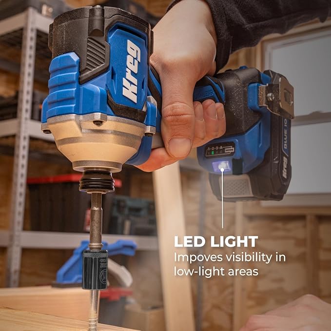 Kreg 20V Ionic Drive 1/4" Compact Impact Driver, 20V Blue Ion Charger & Blue Ion 2Ah Battery Pack - Compact, Cordless Driver with 2,200 in-lbs of Torque - 20V Variable Speed - LED Light - KPTBDV025A
