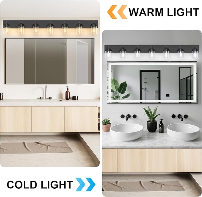 IZORRO Bathroom Vanity Light Fixture, 7-Light 51 Inch Matte Black Bathroom Light Fixtures Over Mirror, with Clear Glass Shade, Modern Farmhouse Vanity Lights, Rustic Restroom Lighting Fixtures