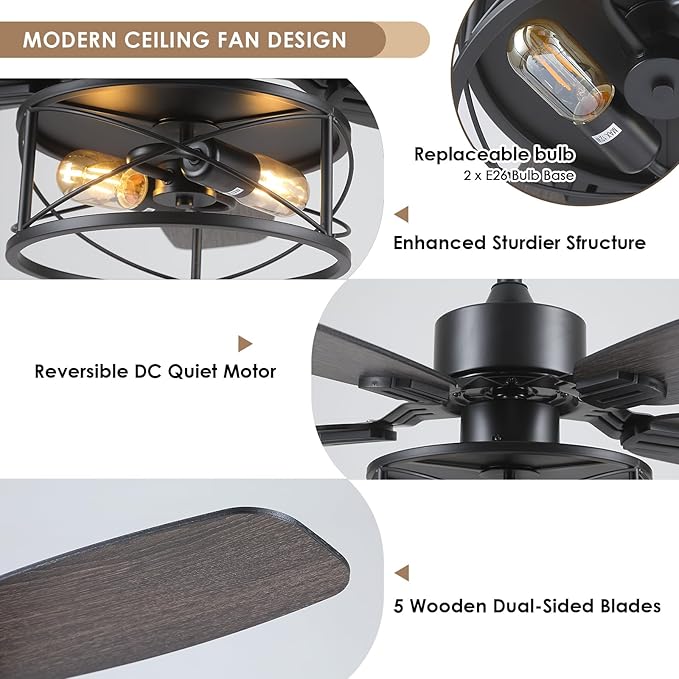 52" Black Ceiling Fan with Light & Remote, Timer, 5 Wood Blades - Rustic Flush Mount Fandelier, 6-Speed Reversible, Indoor/Outdoor for Bedroom, Living Room, Kitchen, Patio