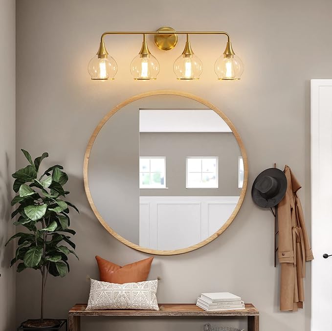 Gold Bathroom Vanity Light 4-Light Bathroom Vanity Light Fixtures Over Mirror with Clear Glass Shade 30.7 inch Wall Sconce Lighting Bath(Exclude E26 Bulb)