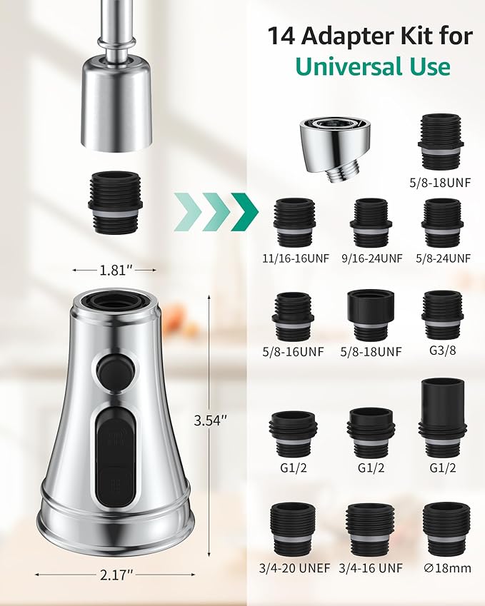 Mbillion Universal Polished Chrome Kitchen Faucet Sprayer Head Replacement – 3-Function Pull-Down Nozzle with 14 Adapters – Fits Moen, Delta, Kohler, WEWE & American Standard