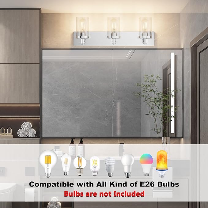 Aipsun Chrome Vanity Light for Bathroom 3 Light Farmhouse Bathroom Lights Fixtures Over Mirror with Clear Glass Shade(Exclude Bulb)