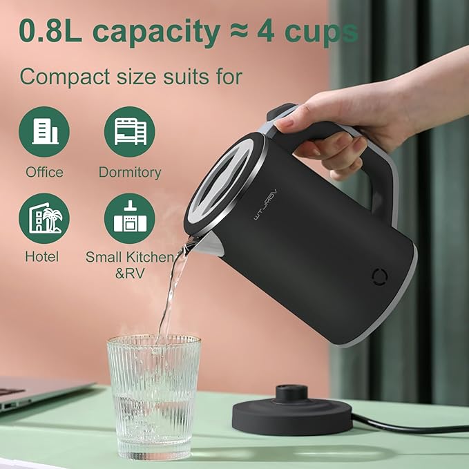 Small Kettle Electric, 0.8L Double Wall Portable Travel Kettle with 304 Stainless Steel, 600W Mini Hot Water Boiler with Auto Shut-off, Fast Boil, BPA-Free