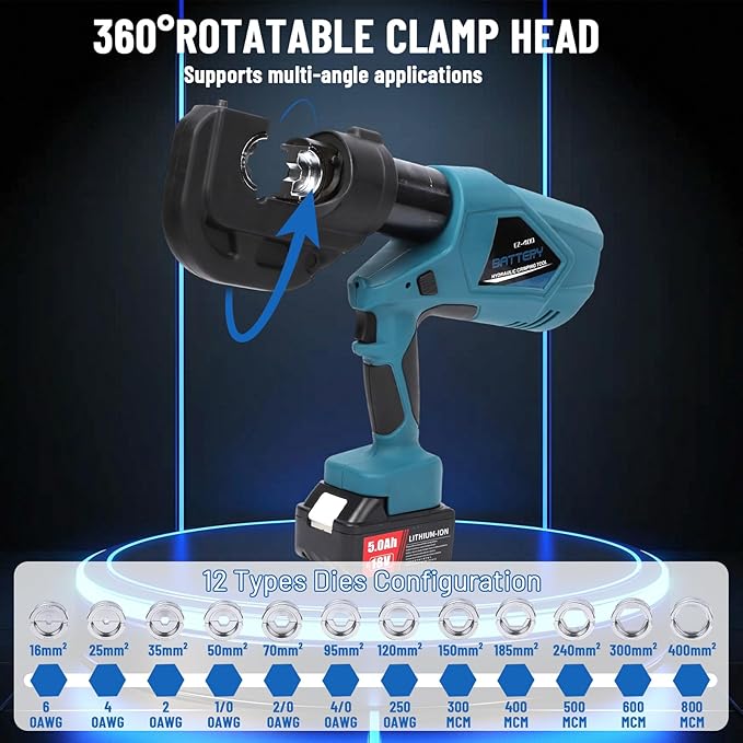 Electric Hydraulic Crimping Tool, 12Ton 6AWG-800MCM Rechargeable Hydraulic Cable Lug Crimper for Cu/Al Terminal, Continuously Crimp Wire Crimping Tool Kit with 12 Dies