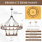 2 Tier Wooden Wagon Wheel Chandelier 43.3'' Farmhouse 24 Lights(16+8) Black Rustic Light Fixture 2-Story Round Wood Chandelier for High Ceiling Living Dining Room Foyer Villa