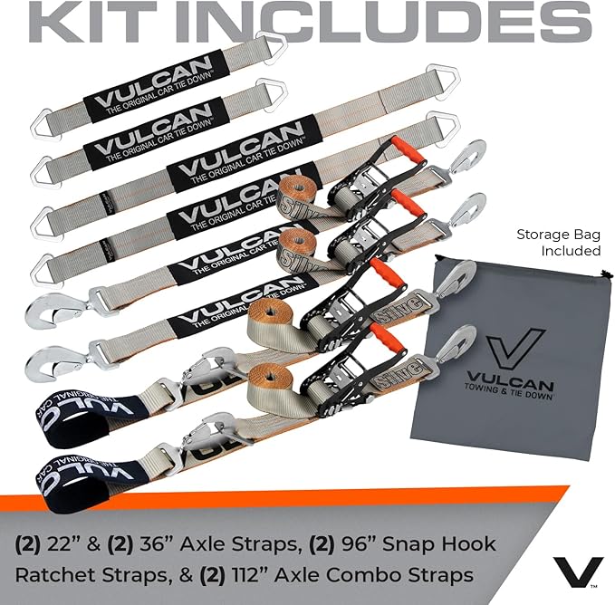 VULCAN Ultimate Axle Tie Down Kit - Silver Series Webbing - Includes (2) 22 Inch and (2) 36 Inch Axle Straps, (2) 96 Inch Snap Hook Ratchet Strap, and (2) 112 Inch Loop Tie Down Combinations