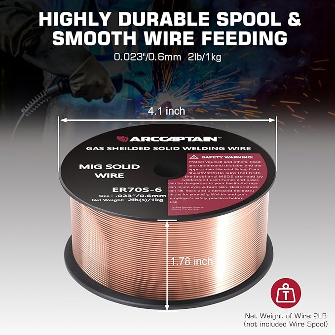 ARCCAPTAIN MIG Welding Wire, MIG Wire ER70S-6 2Lbs Gas Solid Carbon Steel Low Splatter MIG Welding Wire Compatible With Lincoln Miller Forney Harbor Welder 1KG (0.023" 2Lb)
