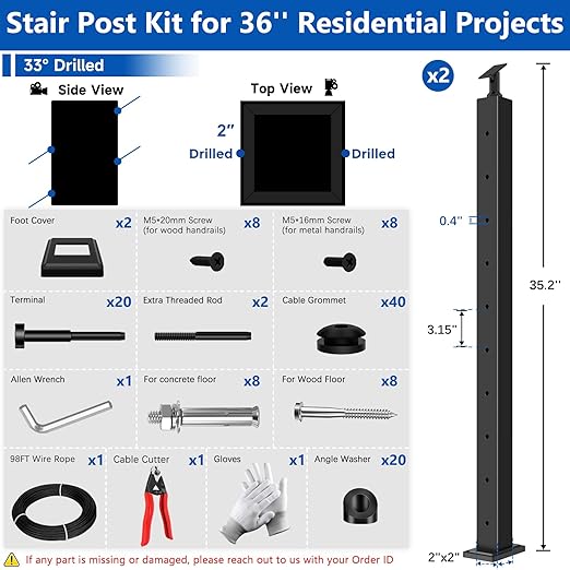 36" Expandable 2-8FT Black T304 Cable Railing Post Kit, Complete Cable Railing System with 2 Stair Posts, 98ft 1/8" Wire Rope(No Handrail), Adjustable Length Easy DIY for 25-35°Stairway
