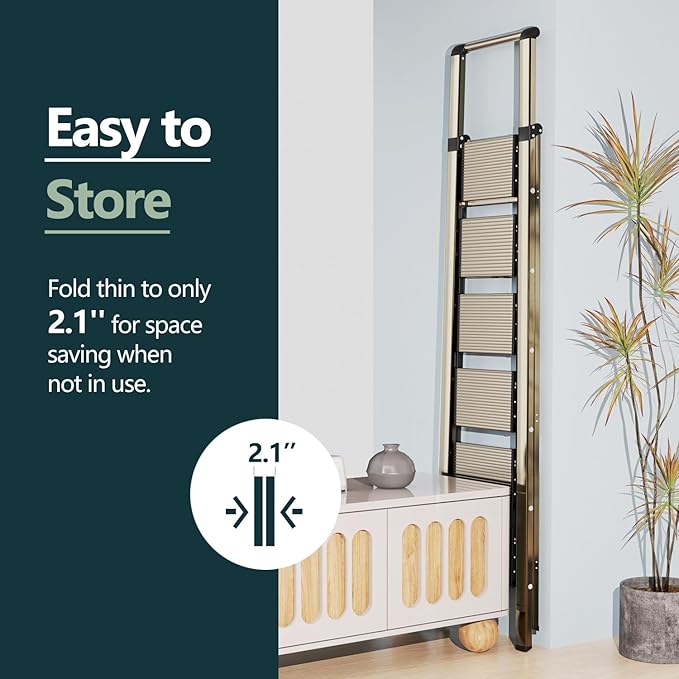 WOA WOA 6 Step Ladder, Lightweight Folding Ladder with Non-Slip Wide Pedals, Ladder with Safe Grip Handle, Easy to Open and Close, Suitable for Home and Outdoor - Brown Gold