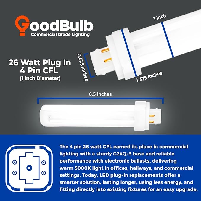 GoodBulb 26 Watt CFL Light Bulbs 4 Pin G24Q-3 Base 5000K Daylight 26W High Output 1800 Lumens Double Tube Compact Fluorescent Light Bulbs Plug-in 10 Pack