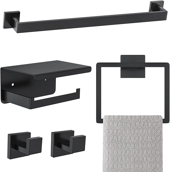 Matte Black Bathroom Hardware Accessories Set 5-Pieces Black Towel Bar Set Stainless Steel Towel Holder Set 16 Inch Towel Bar,Towel Racks Set for Bathroom Wall Mounted