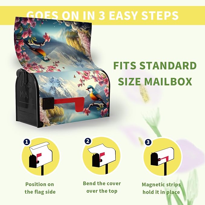 Spring Flowers Bird Mailbox Cover Magnetic Large Size 21x25.5 Inch Spring Mountain Lake Mailbox Covers Floral Rustic Seasonal Mailbox Wraps Oversized Post Letter Box Decor for Garden Yard