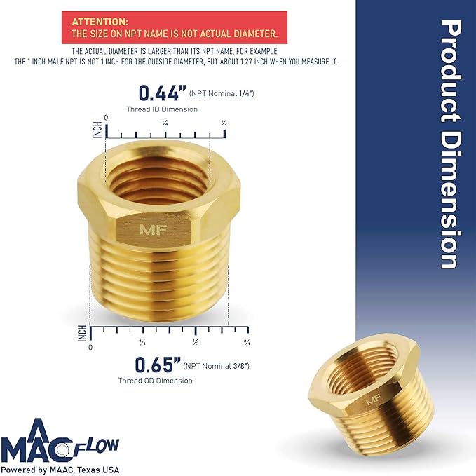 MAACFLOW brass 3/8" Male NPT to 1/4" Female NPT Adapter Reducer Hex Bushing (Thread OD 0.65" - ID 0.44") (Pack of 1)