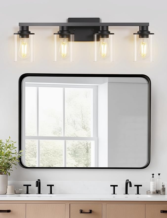 DORESshop Bathroom Light Fixtures, 4-Light Black Bathroom Lighting Fixtures Over Mirror with Clear Glass Shade, Vanity Lights for Bathroom Hallway Living Room Bedroom