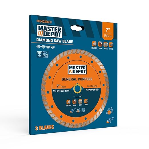 7 Inch Diamond Cutting Blade, Turbo Rim for Angle Grinder Circular Saw Cutter Wheel Dry Wet for Masonry/Concrete/Brick/Stone, 7/8"-5/8" Arbor (180mm, 3 PCS)