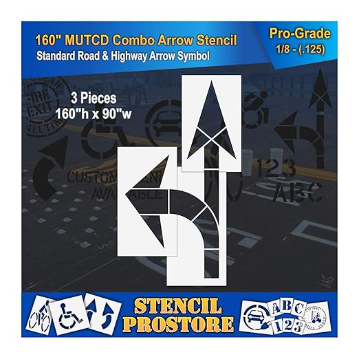 Pavement Stencils - 160 inch - Straight & Turn Combo Arrow KIT for MUTCD, FHWA, Road & HWY DOT - (3 Piece) - 160" x 90" x 1/8" (128 mil) - Pro-Grade