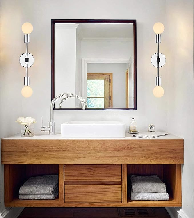 2 Lights Bathroom Vanity Wall Sconce Modern Industrial Wall Lamp Pole Wall Mount Lighting Fixture（Chrome Color）