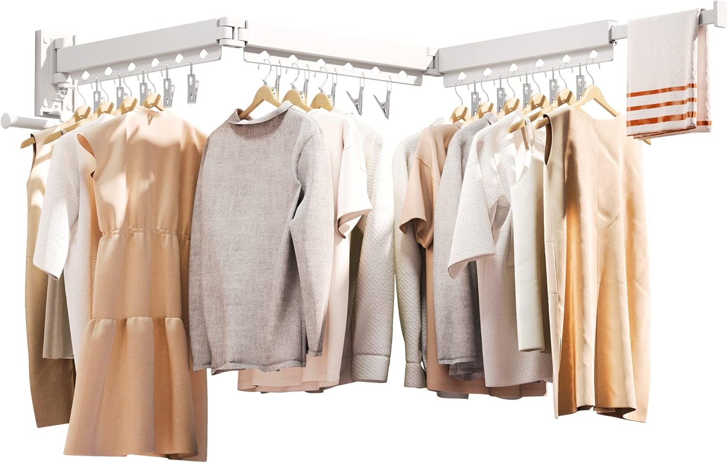 Wall Mounted Clothes Hanger,Clothes Drying Rack,Laundry Rack Wall Mount,Drying Rack Clothing,Clothes Rack Retractable,Collapsible(Tri-Fold), with Windproof Holes & Clips,White Color