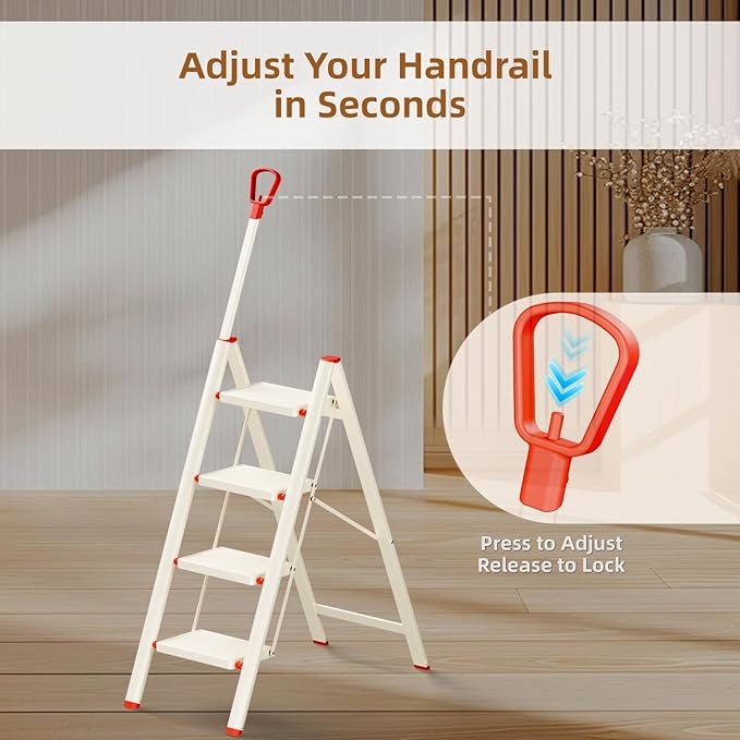 ASPERALD 4 Step Ladder with Single-Handrail,Foldable Step Stool with Anti-Slip Wide Pedals for Home Kitchen Closet, Step Ladder 4 Step Folding White