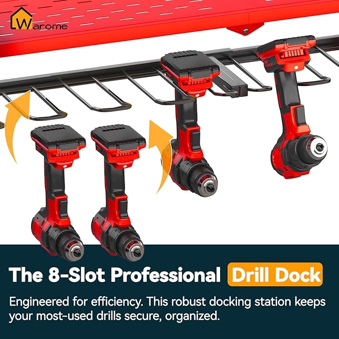 Warome Garage Power Tool Organizer with 8-Outlet Power Strip, Tool Storage Rack Wall Mount with 8 Cordless Drill Holders, Tool Organization Shelf with Charging Station in Red