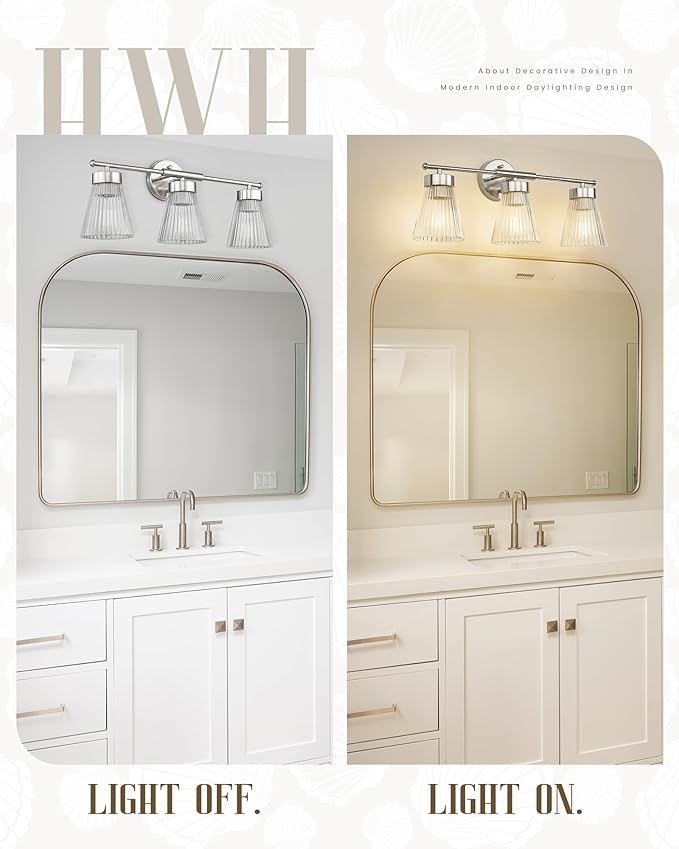 Brushed Nickel Bathroom Vanity Light, HWH 3-Light Vanity Lights for Bathroom Vanity Wall Lamp Over Mirror, Modern Vanity Light Fixtures with Striped Clear Glass, 5HZG97B-3W BN