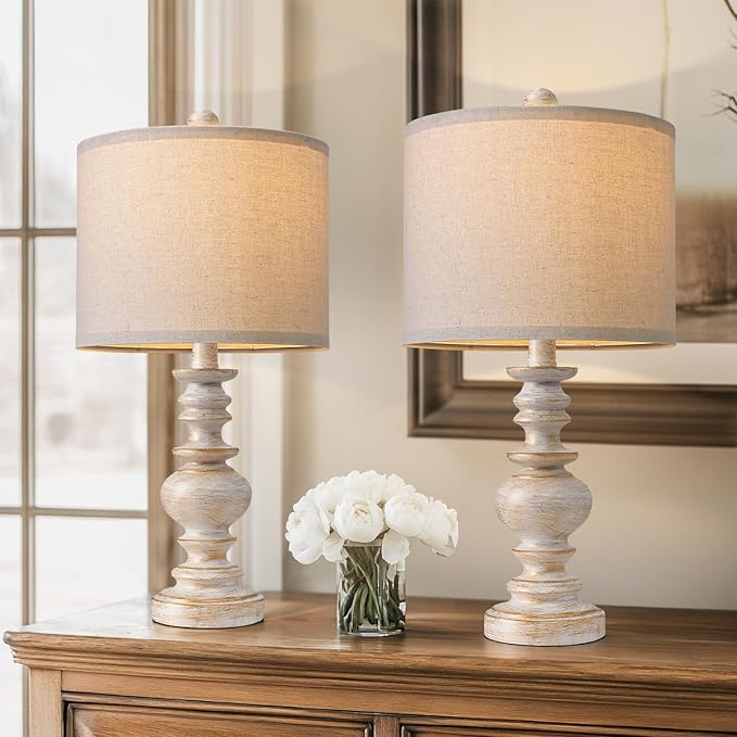 BOBOMOMO 20" Retro Table Lamps Set of 2 - Farmhouse Lamp for Living Room with Linen Shades, Rustic Bedside Nightstand Lamps, Resin Lamps for Bedroom Nursery Room Hallway - Ideal for Compact Spaces