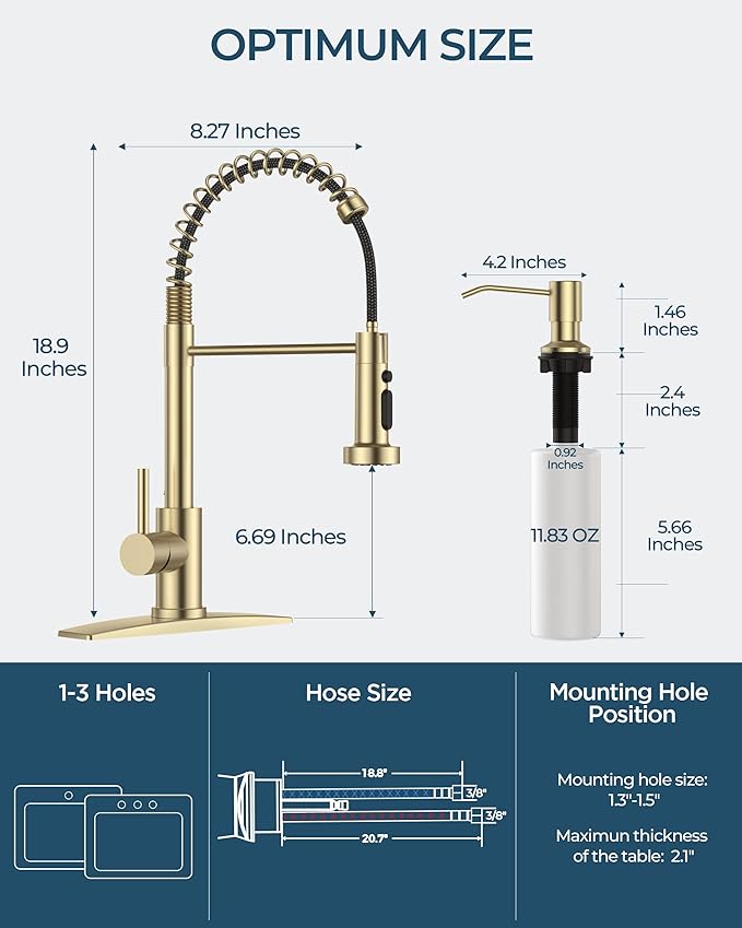 FORIOUS Kitchen Faucet with Soap Dispenser, Gold Stainless Steel Single Handle Modern Spring Commercial Sink Faucet with Pull Down Sprayer for Laundry & Utility Room RV Camp Bar Farmhouse