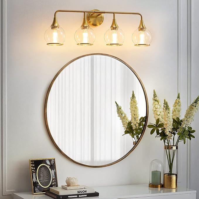 Gold Bathroom Vanity Light 4-Light Bathroom Vanity Light Fixtures Over Mirror with Clear Glass Shade 30.7 inch Wall Sconce Lighting Bath(Exclude E26 Bulb)