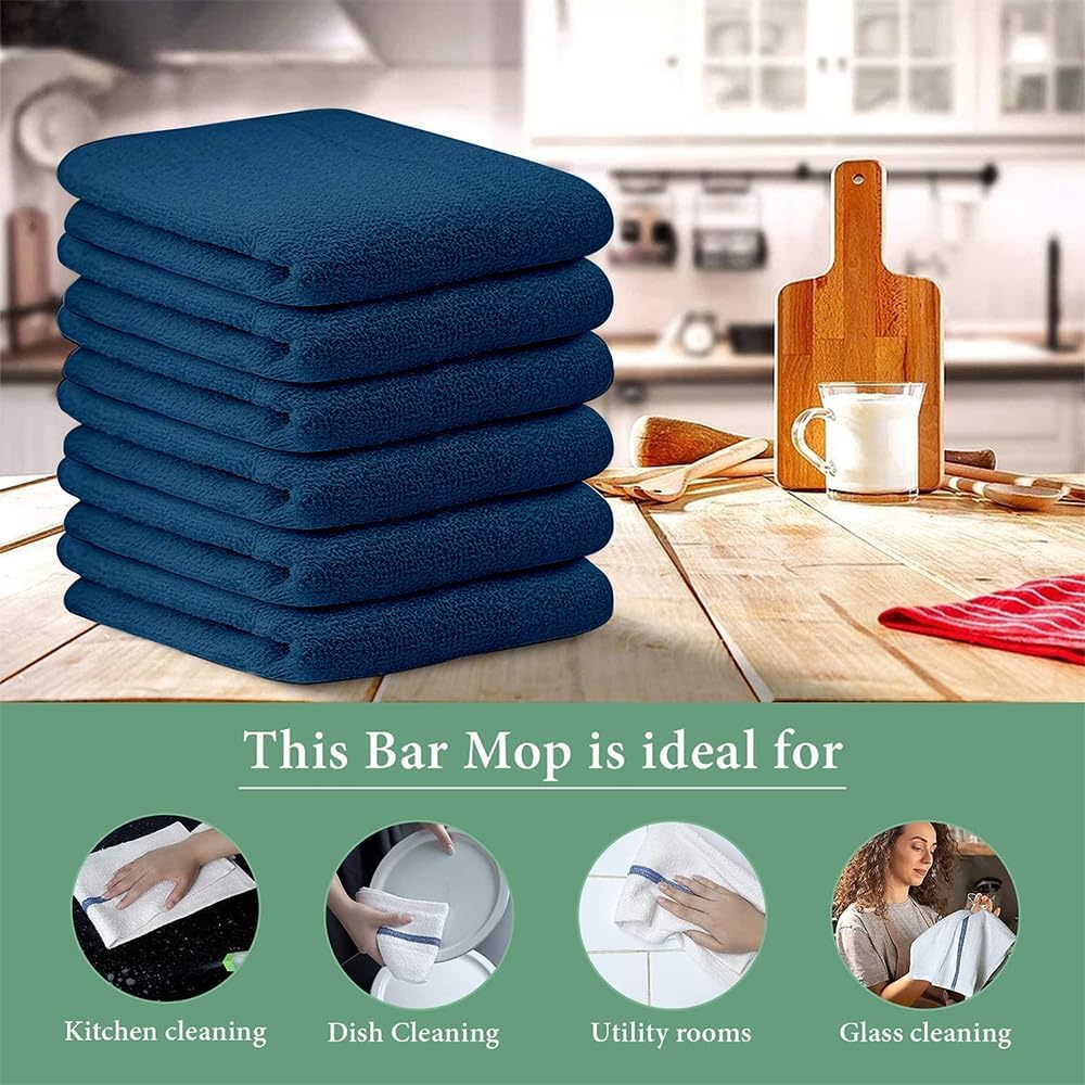 Bar Mop Blue Stripe 6 lbs 16x19 Pack of 24, 100% Cotton Double Stitched Route Ready Absorbent Kitchen Towel Dish Towels and Dishcloths Towels Sets Washcloth Kitchen Towels