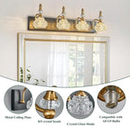 Bathroom Light Fixtures, Modern Glass Crystal Bathroom Vanity Light Vintage Bathroom Lighting Fixtures Over Mirror 4 Light Vanity Lights G9 Bulb (27.55 Inch, Black Gold)