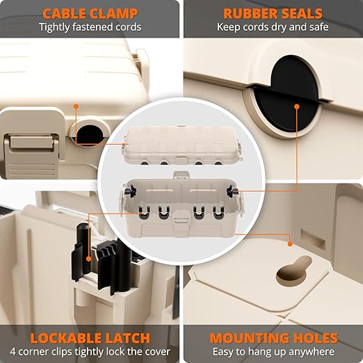 QUOBAS Outdoor Waterproof Electrical Box with 6 Cable Ports, IP54 Weatherproof Heavy-Duty Extension Cord Cover for Power Strips, Garden Power Tools, Holiday Lights, Almond
