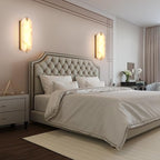 14.17in Alabaster Wall Sconces, Natural Marble Wall Light Set of Two, Modern LED Alabaster Sconces for Living Room Indoor Wall Lamps for Dining Room Stairs Bedroom,Brushed Gold