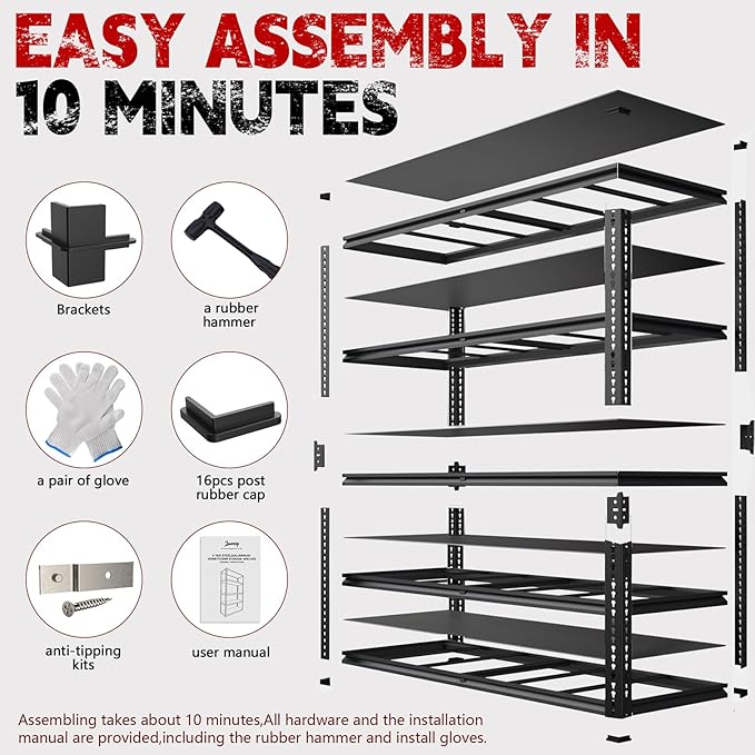 78” H x 55”W x 24”D Metal Garage Shelving, Adjustable 5 - Tier Basement Shelving, Easy Assembly, Large Size Heavy Duty Storage Rack for Garage, Basement & Workshop