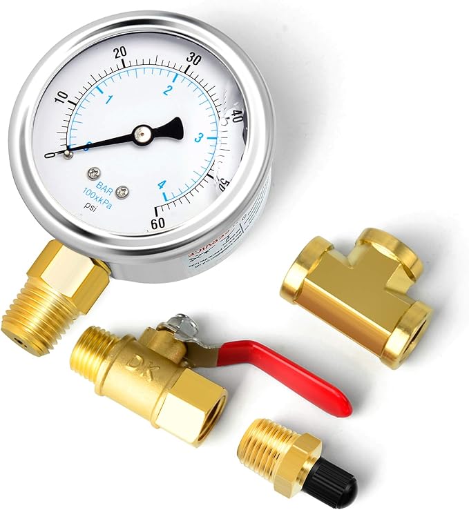 GASHER 10PCS Pipe Fitting Kit, Brass, 1/4" - 1/8" & 3/8" - 1/4" Fittings, T Fitting, Ball Valve, Pressure Gauge 0-60PSI