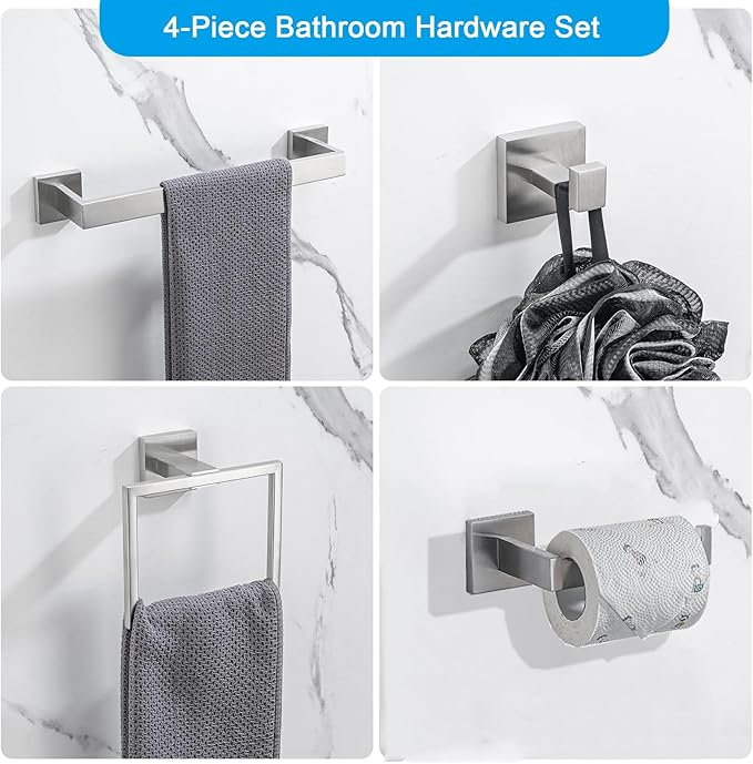 4-Piece Bathroom Hardware Set, Towel Rack Towel Holder Toilet Paper Holder Towel Hooks Towel Bar Set Stainless Steel Towel Rack Accessories Set Wall Mounted, Brushed Nickel 16 Inch