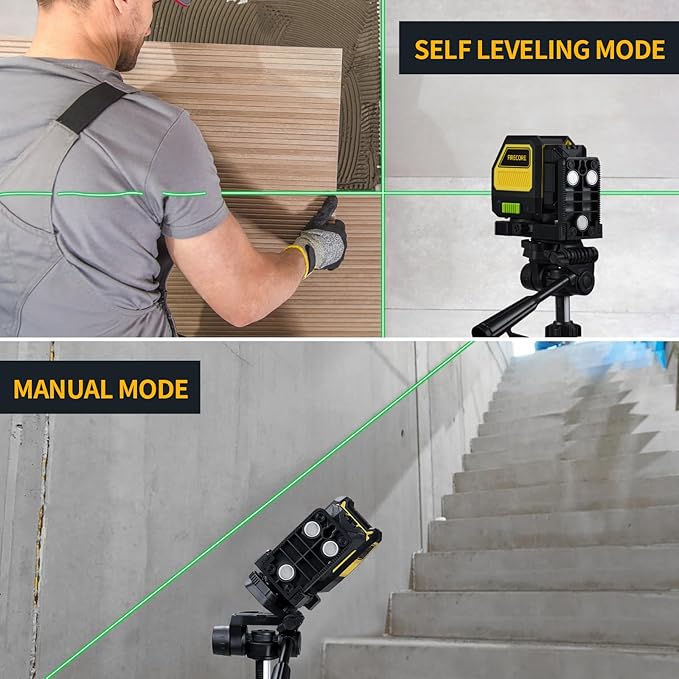 Firecore Self Leveling Laser Level, Green Cross Line Lazer Leveler Tool for Picture Hanging Wall Tile Construction, 360° Magnetic Pivoting Base and Battery Included