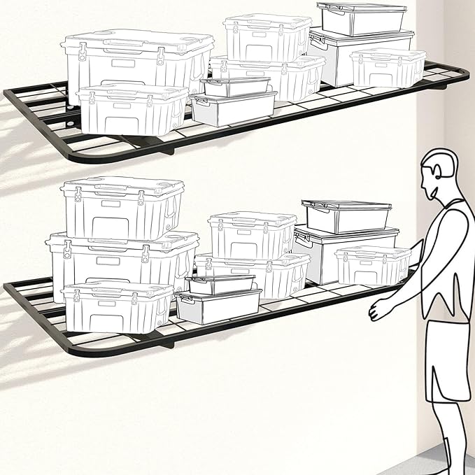 2-Pack 2x4ft Garage Wall Shelves, 2 Shelf Total 8 ft(L) Garage Shelving Wall Mounted – Heavy-Duty Storage Shelves, Perfect for Holding Storage Bins, Boxes, Sporting Goods, Tools, and More Space-Saving