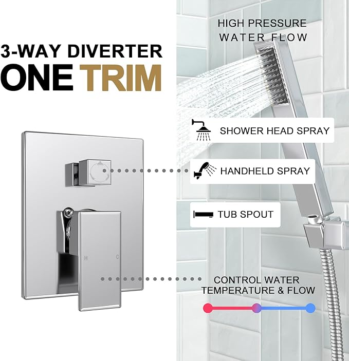 Lava Odoro Modern 3-Setting Square Shower and Tub Faucet Set with Shower Head and Handheld Sprayer Chrome, Rainfall Shower System with Tub Spout, Shower Valve Trim Kit, Chrome, SF103-C-T