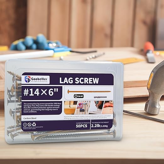 Lag Screws 6 Inch, 50PCS Heavy Duty Construction Screw, Structural Wood Screw #14 x 6, Rust Resistant, Washer Head, Yellow Coated Exterior Wood/Lag Screws, Star Drive with Bit