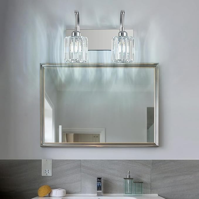 Bathroom Crystal Vanity Lights 2-Light Chrome Wall Lamp Modern Crystal Bathroom Light Fixtures Over Mirror 13.77" Long Wall Sconce