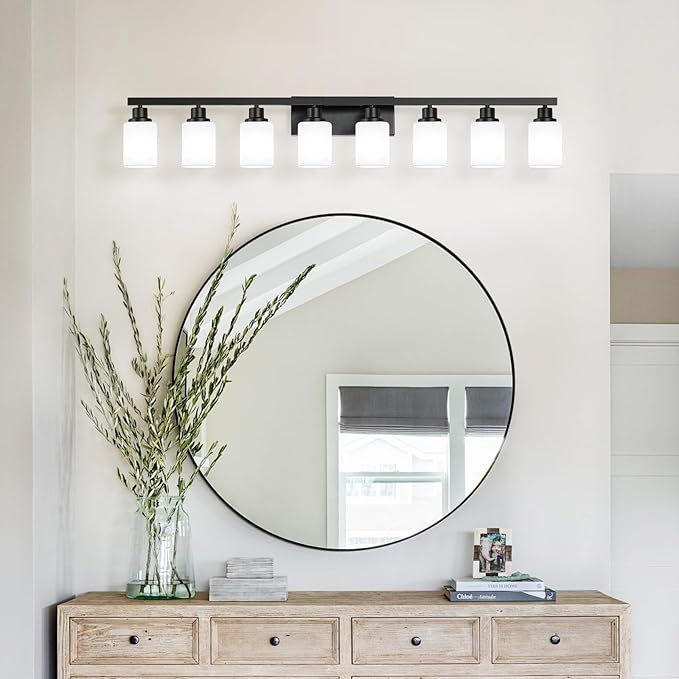 8 Light Bathroom Vanity Light,Modern Matte Black Bathroom Light Fixtures Over Mirror with Square Frosted Glass,Wall Sconces for Restroom,Living Room Hallway E26