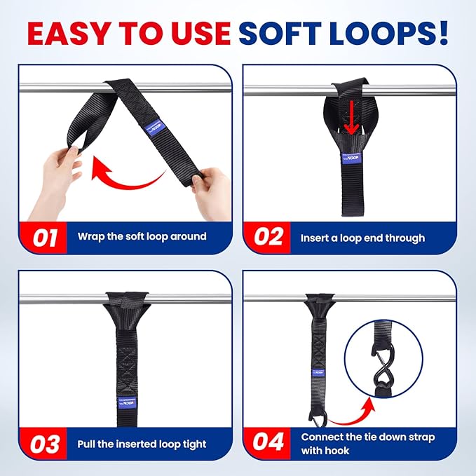 MOCA Black Heavy Duty Ratchet Tie Down Straps - 5200 Lbs Breaking Strength 1.6" x 8', Includes 4 Heavy Duty Ratchet Padded Handles & Coated Chromoly S Hooks & 4 Soft Loop Tie-Downs