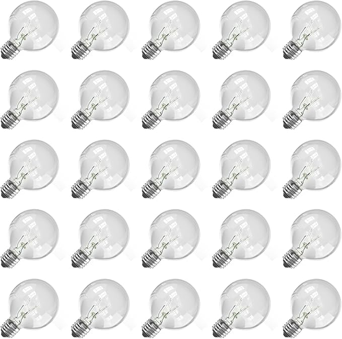 Abeja G40 Replacement Light Bulbs, 5W Clear Globe Bulb fits E12/ C7 Candelabra Screw Base Sockets, 1.5 Inch Clear Light Bulbs for Indoor Outdoor Patio Decor, 25Pack