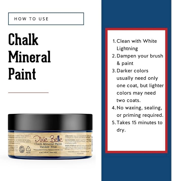 Dixie Belle Paint Company Chalk Finish Furniture Paint - Yankee Blue (4oz) - Matte Cool Navy Chic Chalk Mineral DIY Furniture Paint