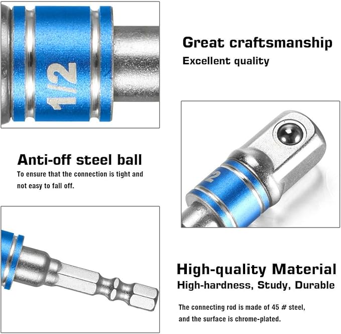 Impact Grade Socket Adapter/Extension Set Turns Power Drill Into High Speed Nut Driver,1/4-Inch Hex Shank to Drive for Adapters to Use with Drill Chucks, Sizes 1/4" 3/8" 1/2", Cr-V, 3-Piece