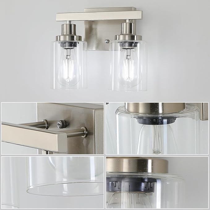 Bathroom Vanity Light, 2-Light Nickel Modern Matte Wall Sconce Lighting with Clear Glass Shade, Wall Lights,Bath Vintage Wall Mounted Lamps for Mirror Bedroom Living Room