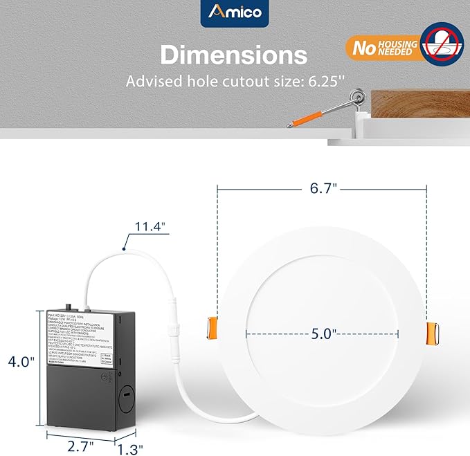 Amico 36 Pack 6 Inch 5CCT Ultra-Thin LED Recessed Ceiling Light with Plastic Junction Box, 2700K/3000K/3500K/4000K/5000K Selectable,1050LM, Dimmable Canless Wafer Downlight, 12W, ETL&FCC